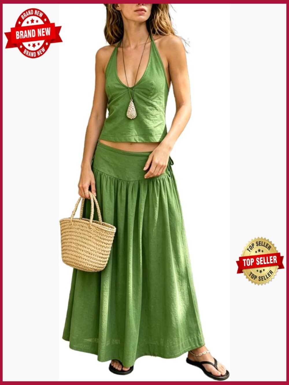 Women's 2 Piece Skirt Set - Halter Top & A-Line Maxi Skirt with Pockets